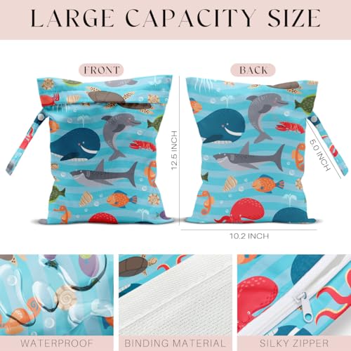Wet Bag, Wet Dry Bag, Waterproof Swim Bags, Machine Washable Reusable Bags for Beach, Pool, Diapers, and Dirty Yoga Gym Clothes(Large Ocean Animals Cartoon Print - color: Light Blue Ocean Adventure