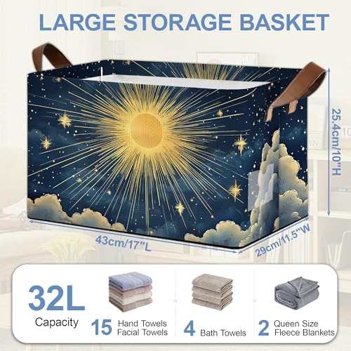 Sun Stars Storage Basket with Handles,Collapsible Rectangle Organizer Bin for Room Decoration Books Box Baskets 17x11.5x10Inch - color: Sun Stars