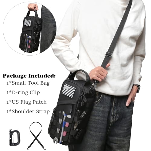 12-Inch Heavy Duty Small Tool Bag with D-Clip,Flag Patch & Shoulder Strap