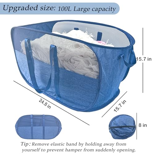 Extra Large Mesh Pop Up Laundry Hamper, 100L Collapsible Laundry Basket - color: Blue