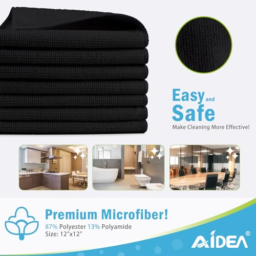 AIDEA Black Microfiber Cleaning Cloth-12PK, Absorbent Cleaning Rags 12"x12" - color: Black, size: 12in.x12in.