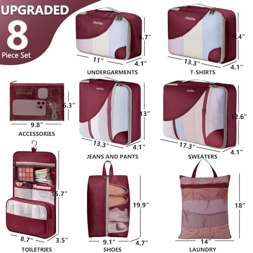 OlarHike 8 Set Packing Cubes for Travel,Gifts for Women Mom,Anti-Tearing Suitcase Organizer,with Over 1000 pcs Mesh Holes,Vacation Essentials & Accessories for Cruise Ship - color: 11 Burgundy