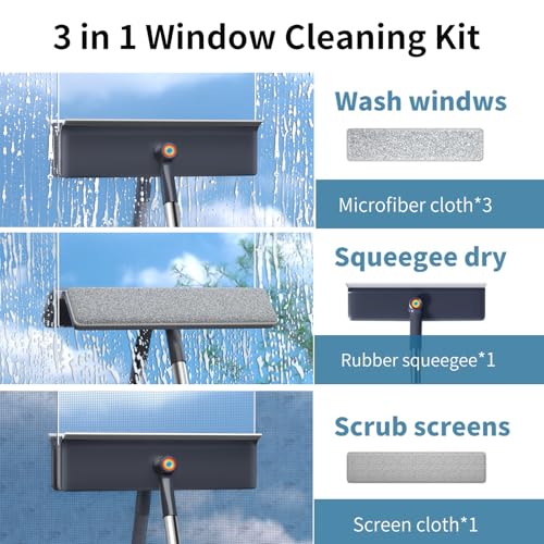 3 in 1 Window Squeegee for Home, Window Cleaning Kit with 60" Extension Pole, Professional Window Cleaner Tool for Outdoor Windows, Glass, Mirrors, Screens with 3 Microfiber Cloths & Screen Brush