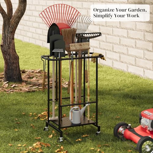 Rolling Garden Tool Organizer, Heavy Duty Steel Yard Tool Rack broom holder - style: Rack with Wheels