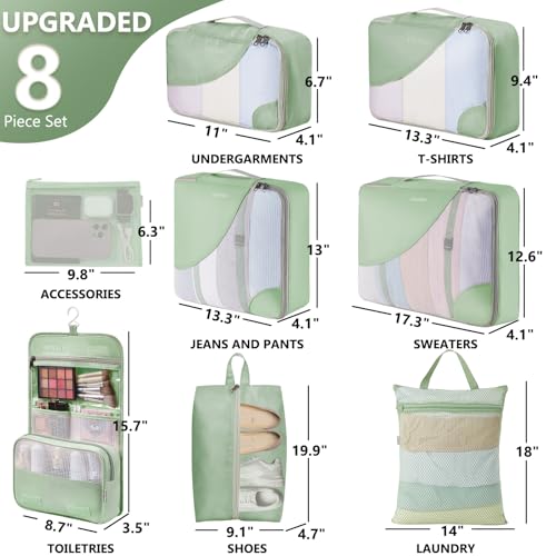 OlarHike Packing Cubes for Travel,Gifts for Women Mom,Anti-Tearing Suitcase Organizer for Luggage with Shoe & Hanging Toiletry Bag,Vacation Essentials & Accessories for Cruise Ship,8 Set,Matcha Green - color: 08 Matcha Green