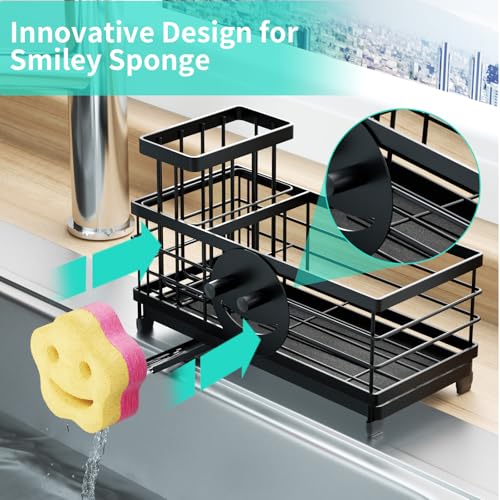 HapiRm Sponge Holder for Kitchen Sink - Self-draining Sink Caddy with Smiley Face and Brush Holder, Stainless Steel Kitchen Countertop Essentials and Gadgets - Black - color: Black, size: with Smiley Face Sponge Holder(single)