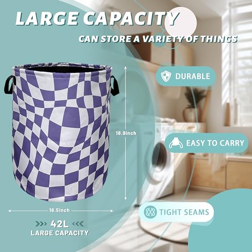 Purple Checkerboard Laundry Basket Oxford Cloth Hamper 18.9"x16.5" - color: Elegant Purple Checkerboard Pattern