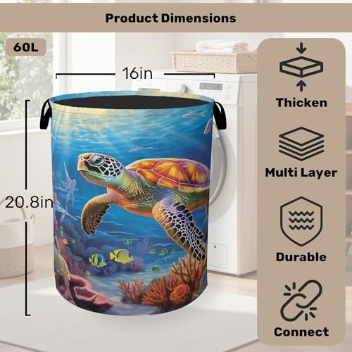 Sea Turtle Large Clothes Hamper Bag - Laundry Basket with Handles, Space Saving Foldable Design for Nursery - color: Sea Turtle
