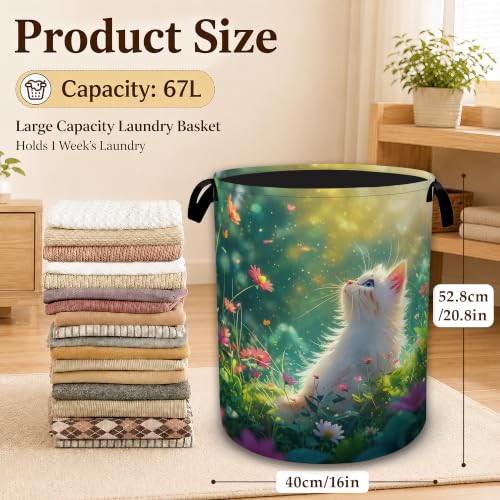 White Cat Fairy Large Clothes Hamper, Portable Collapsible Laundry Basket with Handles, Freestanding Storage Bin for Bedroom Bathroom Dorm Laundry Room - color: White Cat Fairy