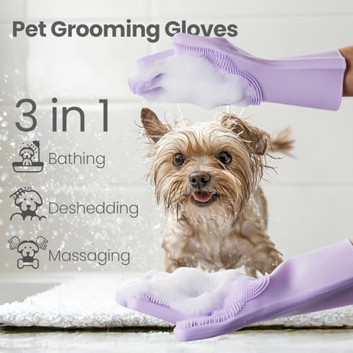 Silicone Pet Grooming Gloves Dog Washing Gloves for Bathing, 1 Pair Purple - color: purple, size: Medium