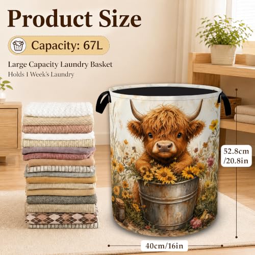Highland Cow Flower Bucket Laundry Basket with Handles, Foldable Tall Oxford Clothes Hamper, Lightweight Water-Resistant Storage Bin for Bedroom Bathroom College Dorm, 16 x 20.8 Inch - color: Highland Cow Flower Bucket