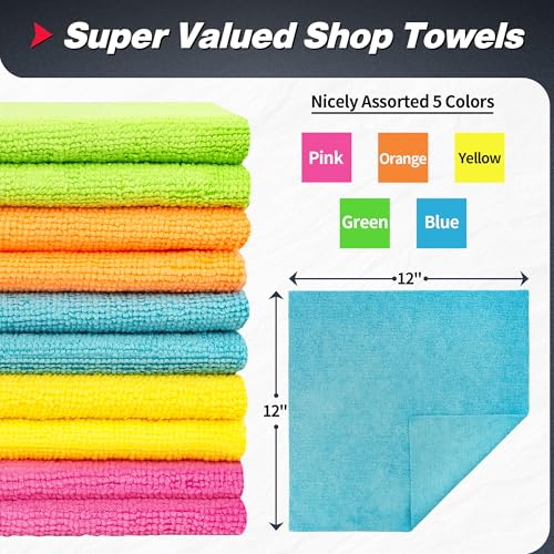 FIXSMITH Microfiber Cleaning Cloth, 200 Pack Shop Towels, Lint-Free Car Wash Towels, All-Purpose Absorbent Cleaning Rags for Housekeeping, Dust Cloth for Office, Mechanic, Automotive (12inx12in) - color: 5 Colors, size: 200PK