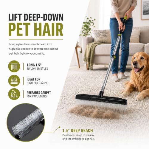 Room Groom Carpet Rake and Groomer with Telescoping 54 Inch Adjustable Handle, Portable Design, Carpet Brush Ideal for Pet Hair, Refreshing High Pile Carpets, Rugs, and Artificial Turf - style: Green Handle