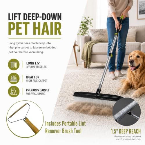A-to-Z Supply Room Groom Carpet Rake Groomer with Telescoping 54" Adjustable Handle & Portable Lint Remover Brush Tool, Carpet Brush Ideal for Pet Hair, Refreshing Carpets, Rugs, and Artificial Turf - style: Green Handle Bundle