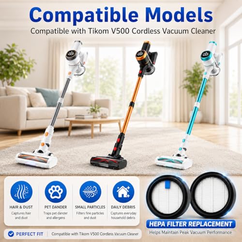 3 Pack Replacement Filters Compatible with Tikom V500 /V450 Cordless Vacuum Cleaner, Washable Filters Works with Tikom 40kpa Stick Vacuum.3 Pack Vacuum Filters 1 Small Brush