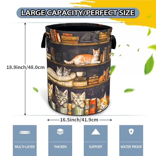 Cat On The Bookshelf Laundry Basket Foldable Waterproof Hamper 18.9x16.5 In - color: Cat On The Bookshelf