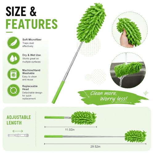 Microfiber Feather Duster with 30 in Telescoping Pole, Washable Chenille Head for Ceiling Fans, Blinds and Furniture, Green - color: Green