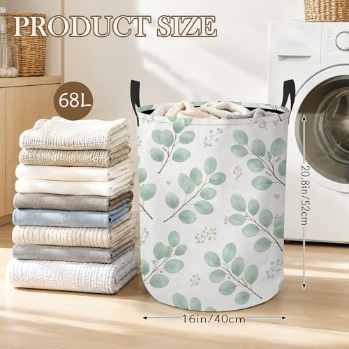Eucalyptus Leaves Laundry Basket, Greenery Floral Collapsible Laundry Hamper Waterproof Oxford Cloth With Handles, Clothes Storage Bucket For Bathroom/Bedroom 16" x 20.8" - color: Eucalyptus Leaves