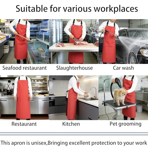 Heavy Duty Waterproof Apron,PVC, Adjustable Cross Strap,Chemical Resistant, for Butchering, Dishwashing, Food Factory - color: Red