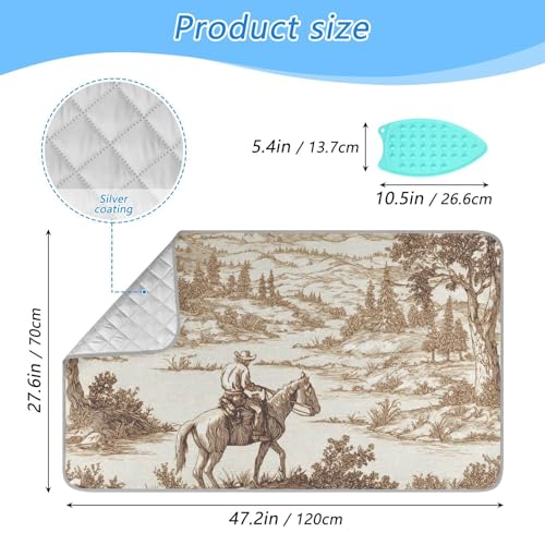 Cowboy Riding Horse Mountain Brown Ironing Mat Portable Ironing Pad Blanket with Silicone Iron Rest for Table Top Travel Heat Resistant Double-Side Using Large 47x28 Inch Foldable - color: Cowboy Riding Horse Mountain Brown