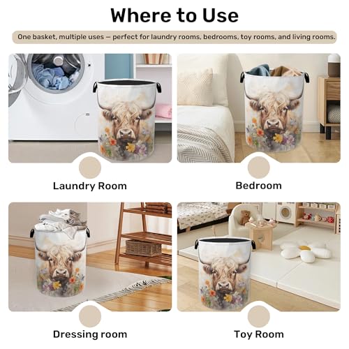 Highland Cow Summer Flowers Large Clothes Hamper Bag - Laundry Basket with Handles, Space Saving Foldable Design for Nursery - color: Highland Cow Summer Flowers