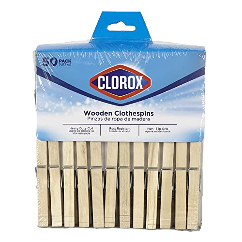 Clorox Wood Clothespins with Spring – Value Pack Set of 50 | Rust Resistant, Heavy-Duty Coil, Non-Slip Grip for Line Drying Laundry, Chip Clips, Crafts, 50 Pack - size: 50 Pack