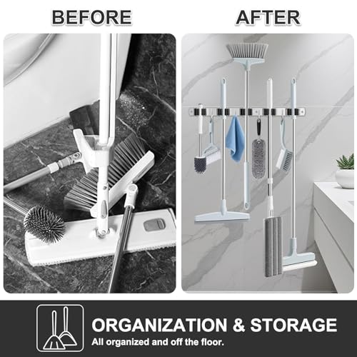 HANZENMA Broom Holder Wall Mount, Broom Organizer Wall Mount Stainless Steel Broom and Mop Hanger Heavy Duty Storage Organization for Home Kitchen Garden Garage Room 5 Racks 4 Hooks - color: Black, size: 5 Racks 4 Hooks