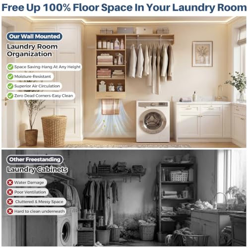 Armocity 60" Wall Mounted Laundry Room Organization with Pull-Out Towel Rack, 5FT Over Washer and Dryer Shelves with Hanging Rod and Storage Shelf, Wood Laundry Room Organization and Storage, Natural - color: Natural