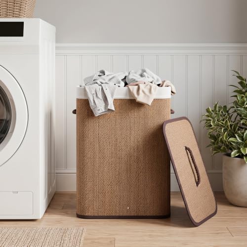 Giantex Bamboo Laundry Hamper with Lid, Removable Liner & Portable Handles - color: Flax Brown