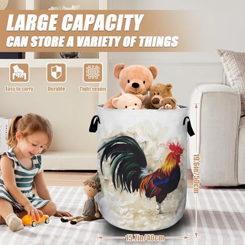 Vintage Rooster Laundry Basket,Farm Chicken Laundry Hamper Tote Bag Dirty Clothes Storage Bucket Organizer for Bathroom/Laundry/Bedroom 15.7"x19.6" - color: Vintage Rooster