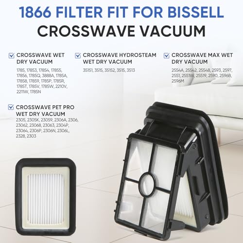 4 Pack 1866 Replacement Filters Compatible with Bissell Crosswave 1785 3888A 2551 & Crosswave Pet Pro 2306 & 2554 2596 CrossWave Cordless Max & Crosswave HydroSteam 35151 3518 Wet Dry Vacuum Cleaner - size: 4 pack