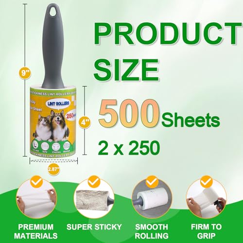 Lint Roller for Pet Hair 500 Sheets Extra Sticky Pet Hair Remover for Clothes Furniture Carpet Cleaner Cars Dogs Travel-Friendly Grip Handle White - size: 2 Rollers 500 Sheets White