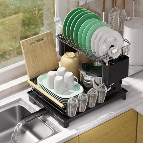 2-Tier Dish Rack Large Capacity Dish Drying Rack for Kitchen Counter Anti-Rust Dish Strainer with Drainboard, Cup Holder, Utensil & Cutting Board Organizer, Heavy Duty Metal, Black - size: 2 Tier Standard