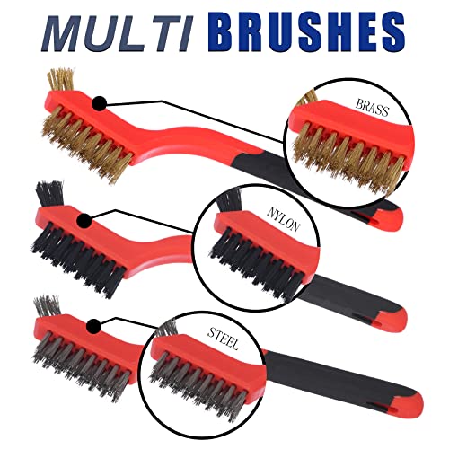 Small Wire Brush Set - 8 Pieces Brass Stainless Steel Nylon Brushes - color: Orange