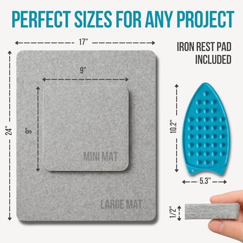 Deluxe Wool Pressing Mat Set – 24x17'' and 9x9'' Wool Ironing Mat for Quilting and Sewing Pressing Pads Large Size & Portable Size for Precision Work (As a Gift - Blue Silicone Iron Rest Pad)