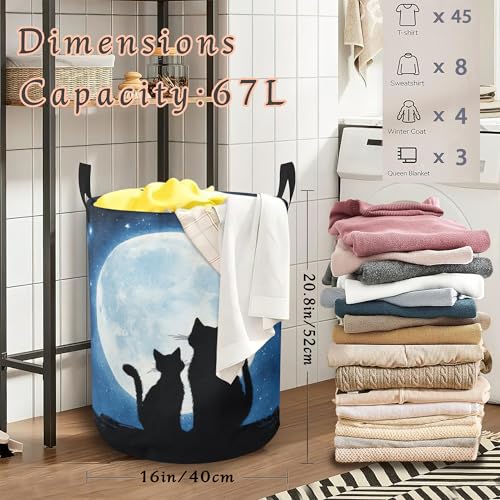 Black Cats Laundry Basket with Handles,Moon Waterproof Clothes Organizer Bin Collapsible Storage Basket for Bedroom Bathroom Dorm Room 16" x 20.8" - color: Black Cats Moon