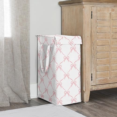 Sweet Jojo Designs Laundry Hamper (Pink Bows) for Girls, Foldable Dirty Clothes Basket with Handles for Baby Nursery, Kids Bedroom, Teen Bathroom (Elegant Bow for Ballerina Dancer, Ballet Collection) - color: Pink Bow