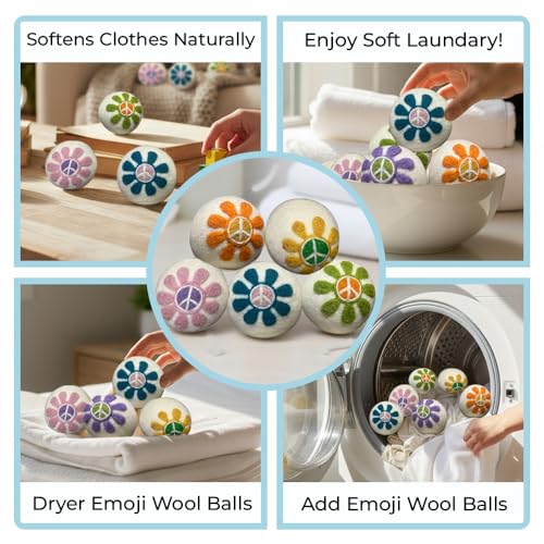 Ezhippie Quality Wool Dryer Balls - 6 XL Flower Pack - 1000+ Loads - Pure Organic Wool - Reusable Natural Fabric Softener Perfect with Essential Oils, Reduce Clothing Static and Wrinkles - color: Floral