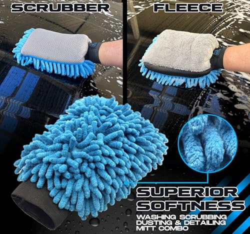 Sudz Budz® Premium Microfiber Chenille Car Washing Mitt 2 Pack | 2-in-1 Double-Sided Scrubber and Fleece Mitts. Soft, Durable, No Scratch, Lint-Free Washing and Detailing for Exterior Car Care