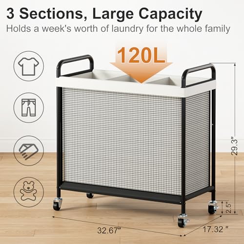 WOWLIVE Rolling Laundry Hamper 3 Section, 120L Laundry Basket with Wheels - size: 3-Section