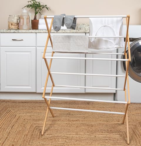 Household Essentials Bamboo Folding Clothes Drying Rack | White Finish, 11 Dowels & Flat Drying Shelf | Eco-Friendly, Collapsible Laundry Rack for Dorms, Apartments & Small Spaces | Fully Assembled - style: Free Standing