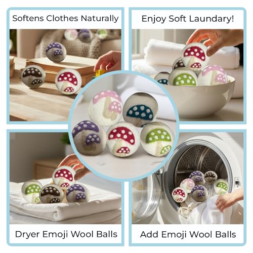 Ezhippie Quality Wool Dryer Balls - 6 XL Mushroom Pack - 1000+ Loads - Pure Organic Wool - Reusable Natural Fabric Softener Perfect with Essential Oils, Reduce Clothing Static and Wrinkles - color: Six Mushroom Balls