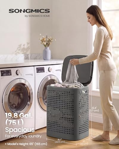 SONGMICS Laundry Hamper with Lid, 75 L Ventilated Basket, Cutout Handles - color: Dark Gray, size: Lid