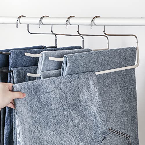 Pants Hangers, 5 Pack, Double Rod Pant Hanger for Jeans, Space-Saving Slack Hangers, Trouser Hangers (White) - color: White
