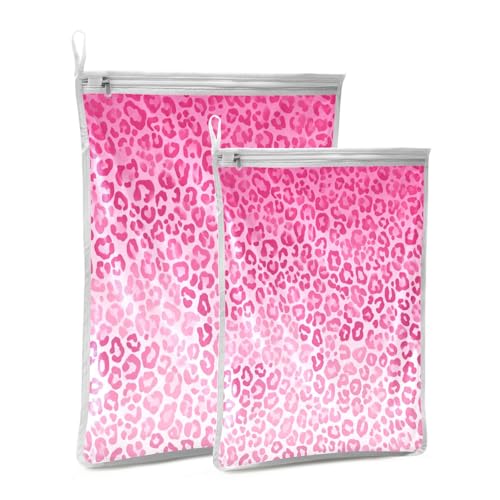 Mesh Laundry Bags Lingerie Bags for Washing Delicates 2 PCS Durable Wash Bag with Zipper Small and Medium Washable Gradient Pink Leopard Print - color: Gradient Pink Leopard Print