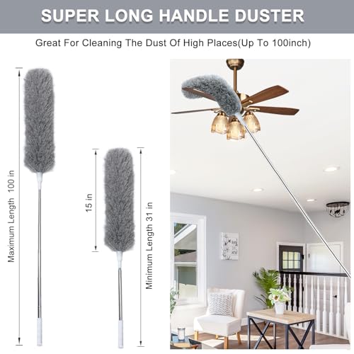 100" Extra-Long Microfiber Feather Duster, Extendable Pole Dusters, Telescoping Cobweb Duster for Cleaning, Bendable and Washable Microfiber Head, Cleaner for High Ceiling, Fan, Furniture