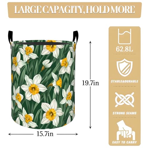 White Daffodils Floral Laundry Basket, Dorm Nursery Foldable Laundry Hamper Organizer for Bathroom Decor, Toy Clothes Storage Box for Bedroom 19.7x15.7 Inch - style: Floral05