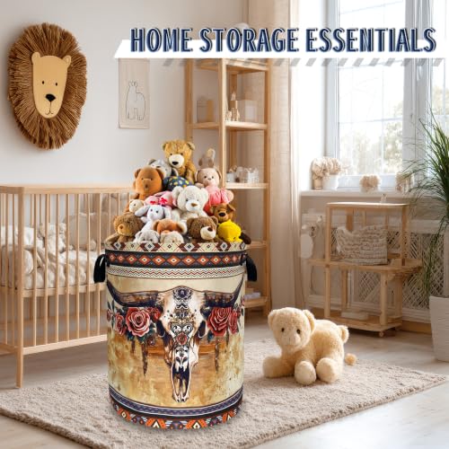 Longhorn Cattle Laundry Basket Oxford Cloth Foldable Hamper 18.9x16.5 Inch - color: Boho Longhorn Cattle Skull Tribal
