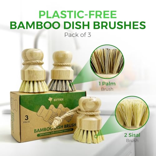 AIRNEX Bamboo Dish Brush Set of 3 - Natural Wooden Dish Scrubber w/Medium Stiff Sisal & Coconut Bristles - Kitchen Scrub Brush for Dishes, Pots & Pans - Plastic Free, Non Scratch Bristles