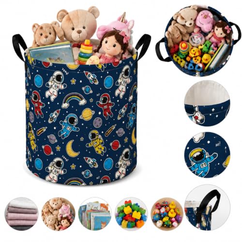 MAIZMZ Kids Storage Bin Astronaut Space Hamper,15.7" D x 19.7" H Waterproof Linen Laundry Basket with Leather Handles for Boys Room, Gifts - color: astronaut space